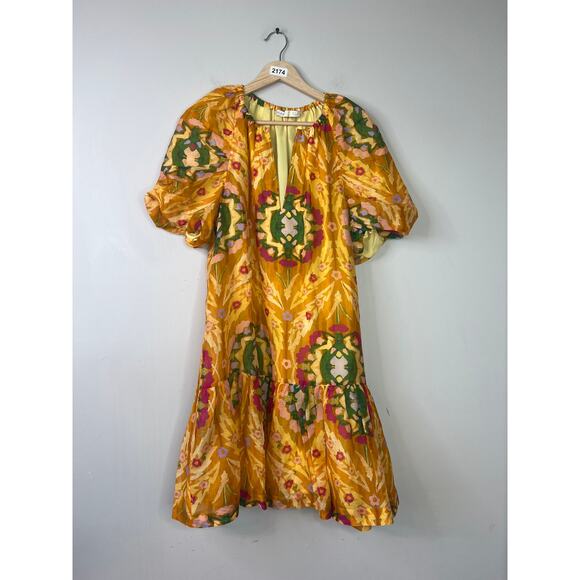 NWT Marie Oliver Elastic Neck Tiered Greta Dress Marigold Trellis Size: Small - Picture 2 of 9